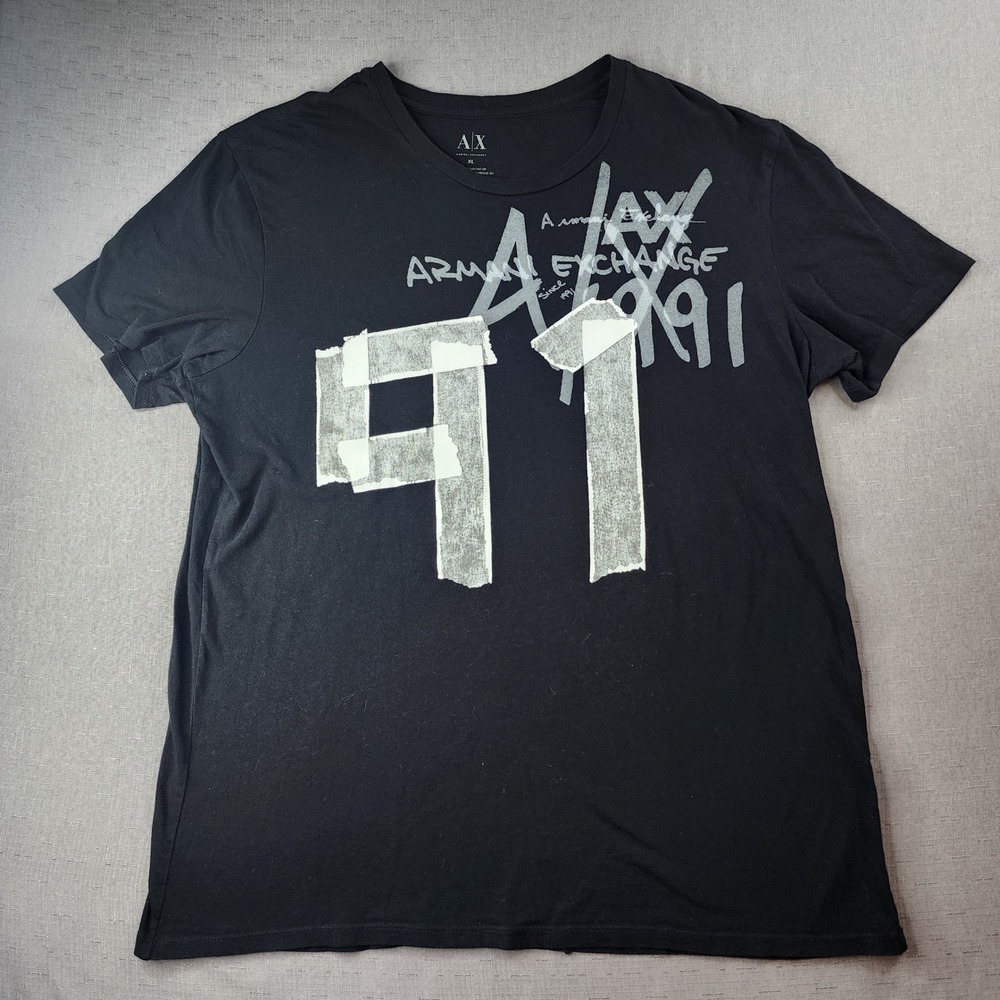 Armani Exchange Mens XL Black Streetwear Graphic T-Shirt 91 Logo Luxury Casual